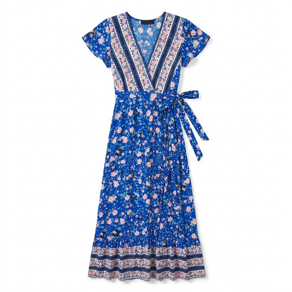 Zesica S Blue Floral Wrap Maxi Dress Womens Boho Casual Short Sleeve